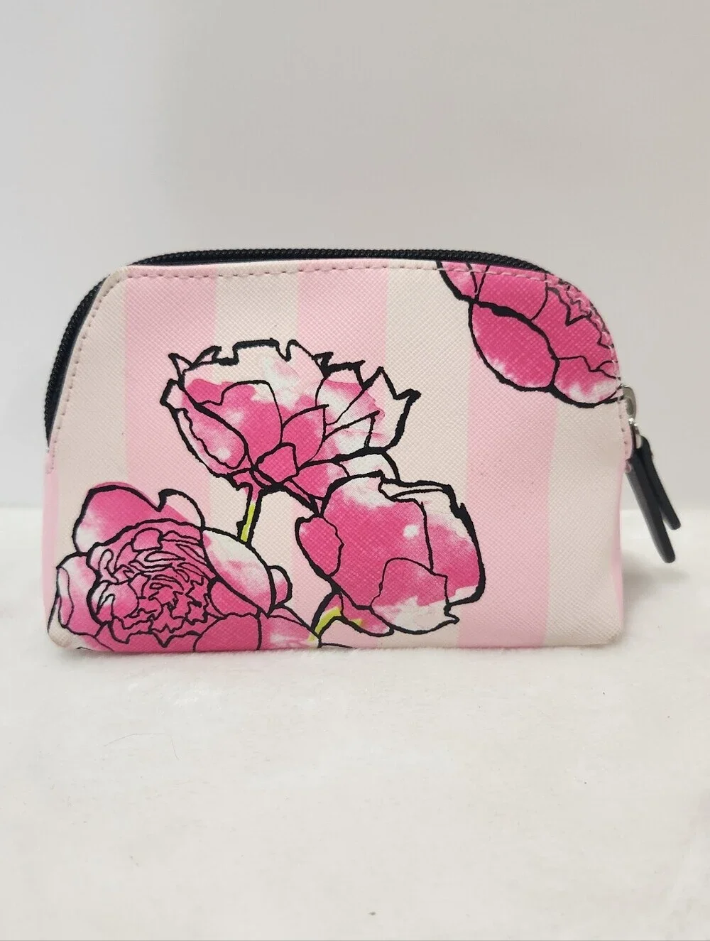 Victorias Secret VS Pink White Strip Floral Flower Mini Makeup Bag Pouch